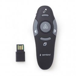 Gembird | Wireless presenter with laser pointer | WP-L-01 | Black | Depth 25 mm | Height 105 mm | Red laser pointer. 4 buttons to control most used PowerPoint presentation functions. Interface: USB. Presenter control distance: up to 10 m. | Yes | Weight 6