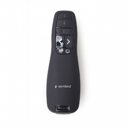 Gembird Wireless presenter with laser pointer WP-L-02 Weight 84 g, Black, Width 38 mm, Height 105 mm, Yes, Depth 25 mm, Red laser pointer. 4 buttons to control most used PowerPoint presentation functions. Interface: USB. Presenter control distance: up to 