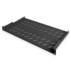 Digitus | Fixed Shelf for Racks | DN-19 TRAY-1-SW | Black | The shelves for fixed mounting can be installed easy on the two front 483 mm (19“) profile rails of your 483 mm (19“) network- or server cabinet. Due to their stable, perforated steel sheet with 