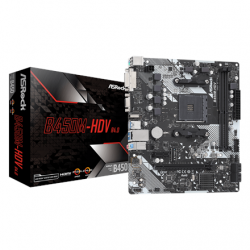 ASRock | B450M-HDV R4.0 | Processor family AMD | Processor socket AM4 | DDR4 DIMM | Memory slots 2 | Supported hard disk drive interfaces 	SATA, M.2 | Number of SATA connectors 4 | Chipset AMD Promontory B450 | Micro ATX