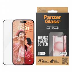 PanzerGlass | Screen protector | Apple | iPhone 15 | Glass | Clear | Easy installation; Fingerprint resistant; Anti-yellowing | Ultra-Wide Fit