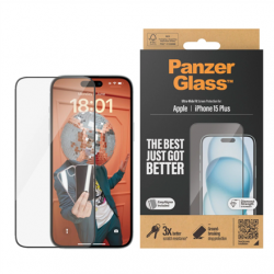 PanzerGlass Screen protector Apple  IPhone 15 Plus Glass Transparent Ultra-wide fit, Scratch resistant, Drop protection, EasyAligner included