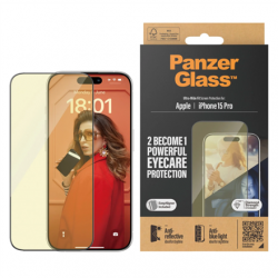 PanzerGlass Screen protector Apple iPhone 15 Pro Glass Clear Eyecare Ultra-Wide Fit; Easy installation; Fingerprint resistant; Anti-blue light; Anti-reflective; Anti-yellowing