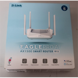 SALE OUT.  D-Link R15 AX1500 Smart Router D-Link AX1500 Smart Router R15 802.11ax 1200+300 Mbit/s 10/100/1000 Mbit/s Ethernet LAN (RJ-45) ports 3 Mesh Support Yes MU-MiMO Yes No mobile broadband Antenna type 4xExternal DEMO | AX1500 Smart Router | R15 | 8
